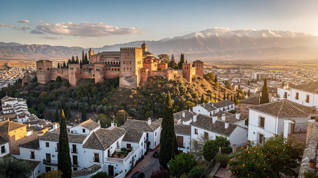 A imagem retrata uma vista panorâmica da cidade de Granada, com destaque para a majestosa Alhambra e seus palácios, como o Palácio de Carlos V e o Palácio dos Leões. Ao fundo, podem ser vistas as montanhas da Sierra Nevada, criando um cenário deslumbrante que reflete a rica história e arquitetura da Andaluzia.