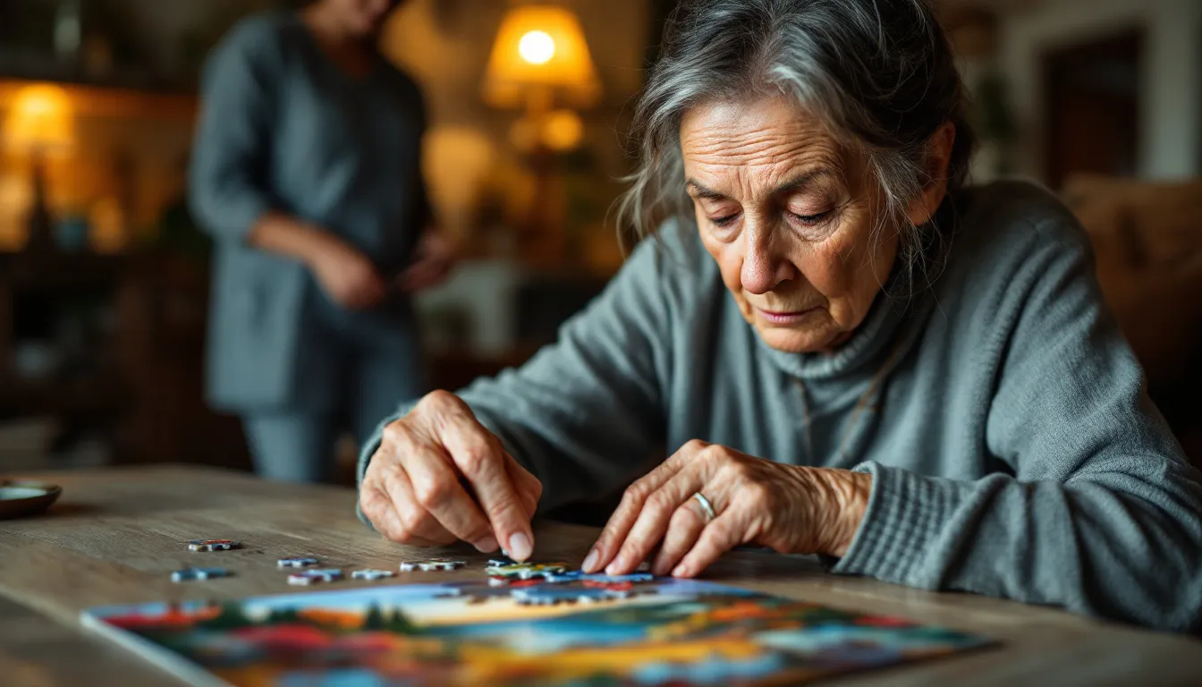 An elderly person looking thoughtfully at a puzzle, symbolizing memory loss and Alzheimer's disease.