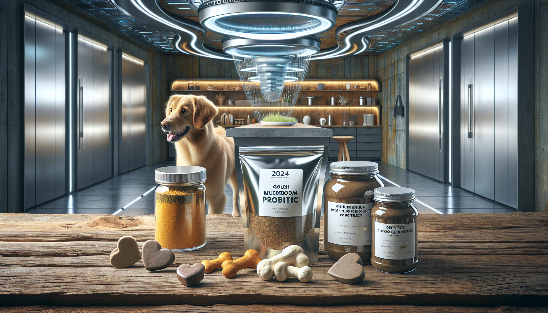 Illustration of various probiotic products for dogs in 2024