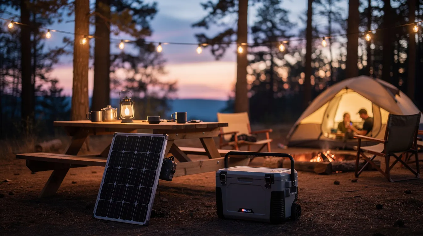 A family campsite at dusk is illuminated by glowing string lights, with a solar panel leaning against a picnic table and a portable cooler nearby, showcasing a cozy off-grid living setup that embraces renewable energy for their outdoor adventure.