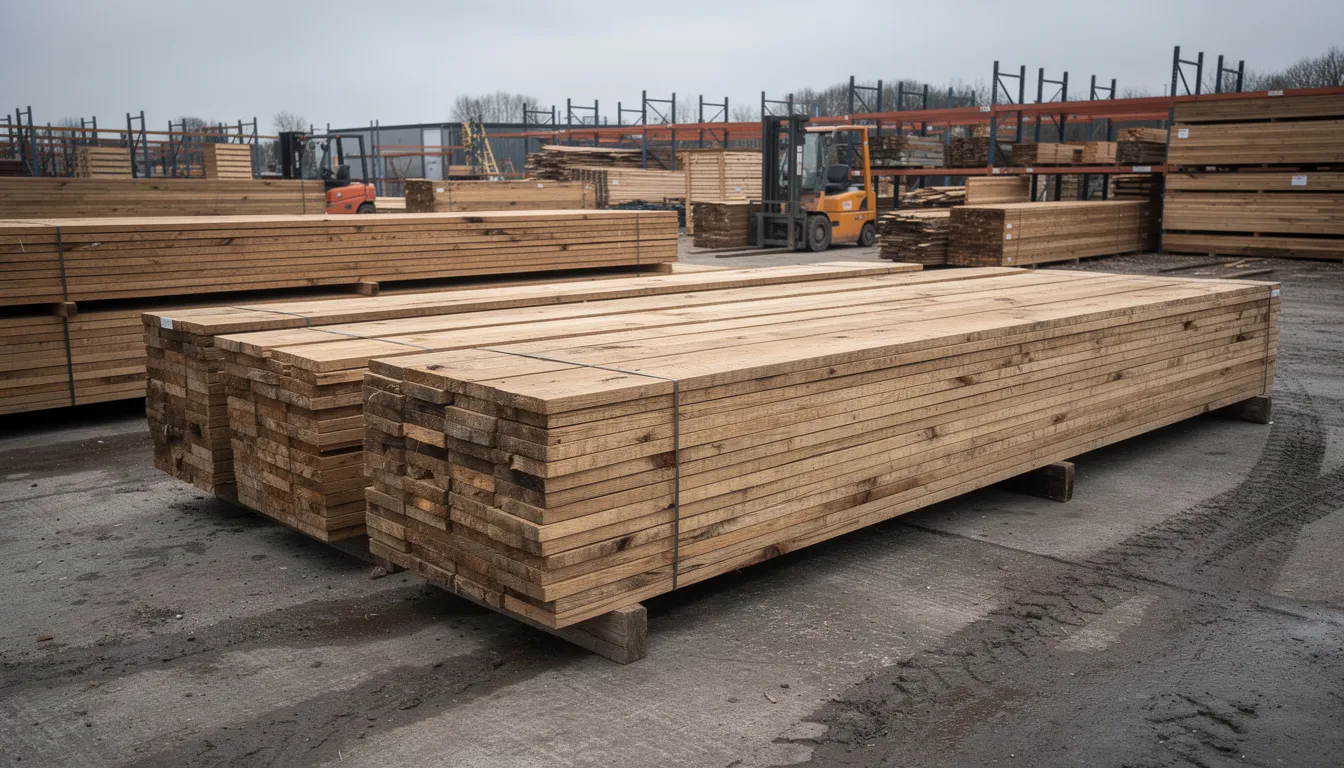 A stack of timber scaffold boards is neatly stored in a timber merchant yard, showcasing sturdy, responsibly sourced wood designed for construction projects. These scaffold boards, with their reliable durability and quality, are ready for delivery and suitable for various applications, including scaffolding and decking.