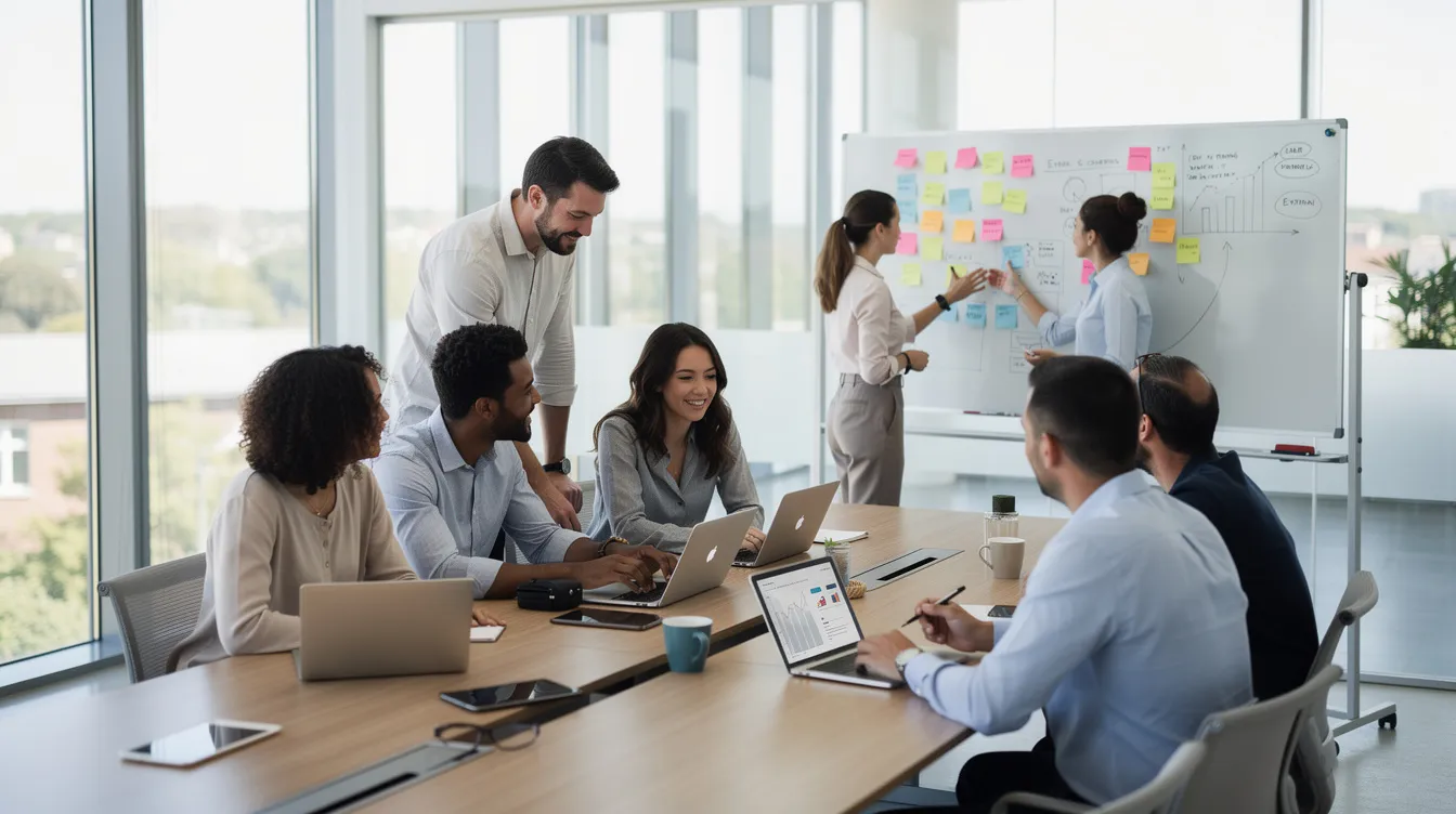 The image depicts a diverse group of professionals collaborating in a modern open office space, equipped with laptops and whiteboards, emphasizing teamwork in digital marketing campaigns. This setting reflects the strong demand for experienced specialists, such as email marketing specialists and marketing managers, who are essential for driving successful performance marketing strategies.