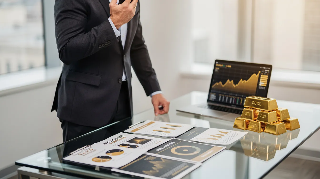 A professionally dressed individual is engaged in a phone conversation while reviewing various materials related to gold investments, indicating a focus on precious metals investing and the best gold IRA companies. The scene suggests an exploration of options for retirement savings through physical precious metals like gold and silver bullion.
