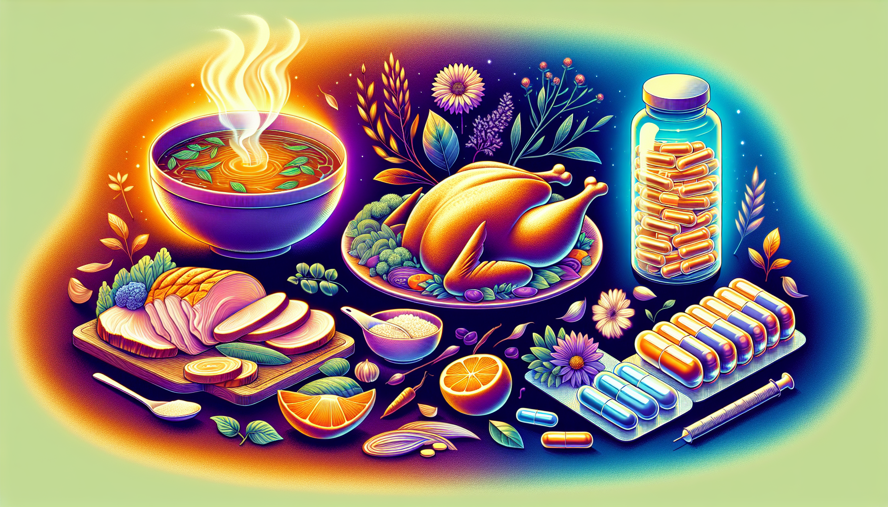 Illustration of collagen-rich foods and dietary supplements