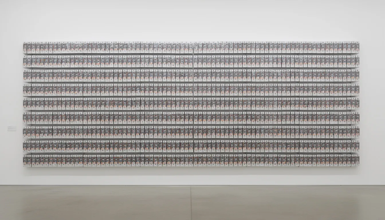 Bilden visar en installation av identiska konstverk arrangerade i ett rutnät, som liknar butikshyllor fyllda med färgstarka popkonstverk. Denna utställning speglar teman kring kommersiell kultur och vardagsliv, med inspiration från ikoniska amerikanska konstnärer som Andy Warhol och Roy Lichtenstein, och väcker den djärva, färgstarka estetiken från konstnärsrörelsen mitt i århundradet.