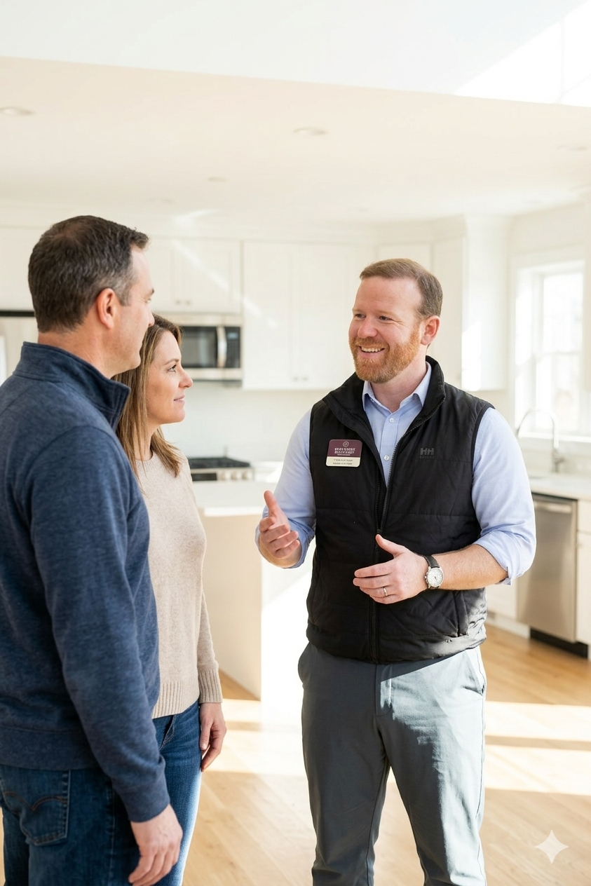 A professional headshot of a male real estate agent in his early-to-mid 30s, featuring brownish-red hair and light scruff, dressed in a tailored dark suit. The soft studio lighting and neutral background enhance his approachable demeanor, making him a trustworthy figure for potential home buyers navigating property taxes and homeowners insurance in Fairfield County.