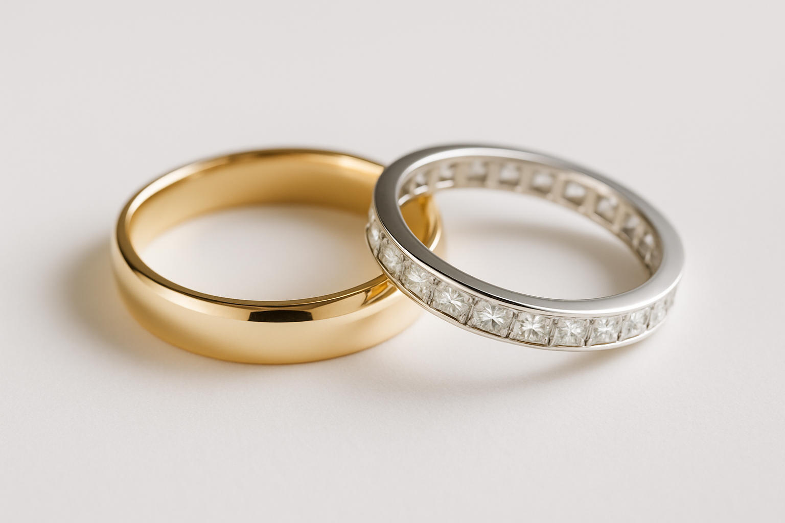 Vestuviniai žiedai – geltono aukso lygi juosta ir balto aukso amžinybės žiedas su visą ratą juosiančiais Princess formos deimantais ant balto fono