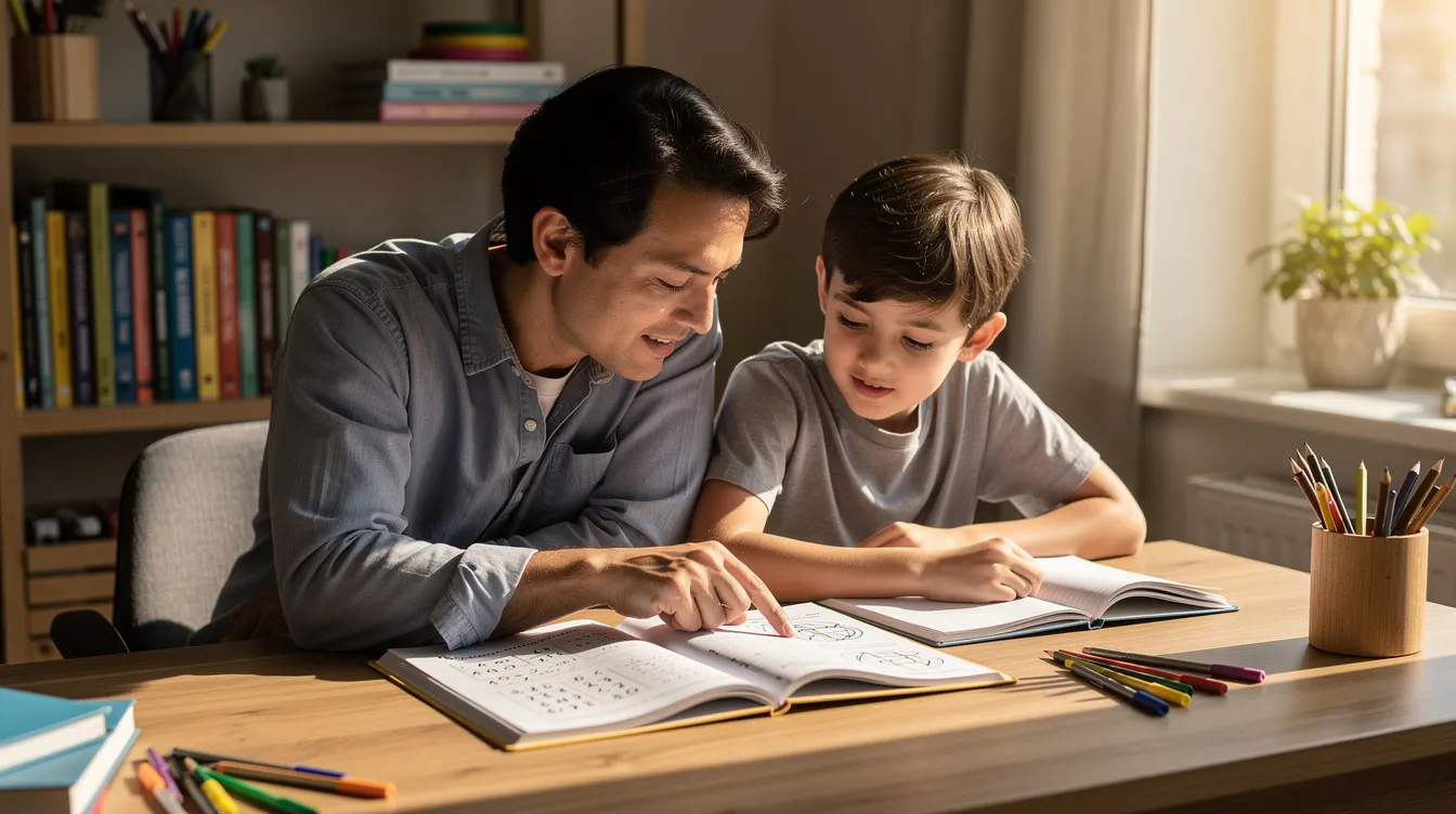 The image shows a parent and child seated at a study desk, surrounded by open textbooks as they collaborate on homework. This scene highlights the importance of educational support and interventions, as they work together to address the child's learning difficulties and enhance cognitive skills.