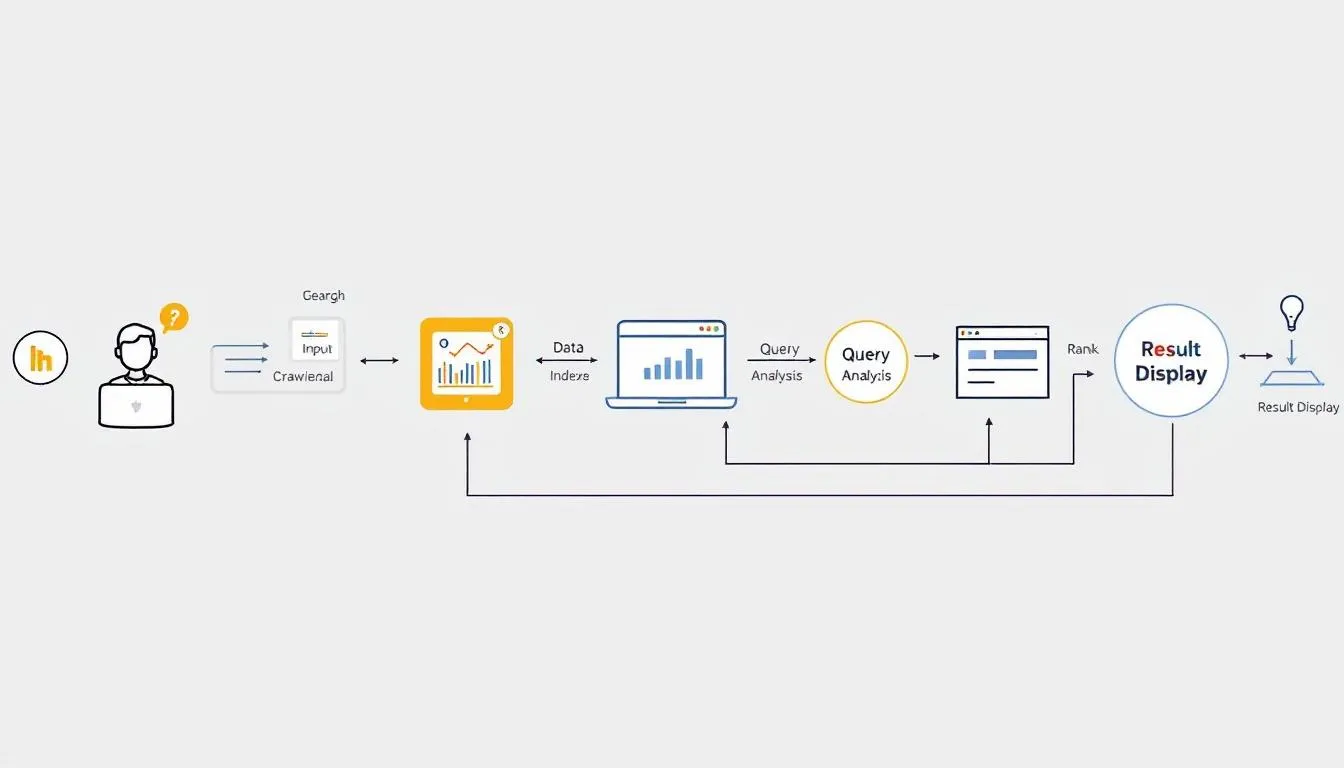 . The image is a schematic representation illustrating the process of Google's algorithm, highlighting key elements such as search engine optimization, effective positioning of websites, and the importance of keywords in improving the visibility of a website in search results.
