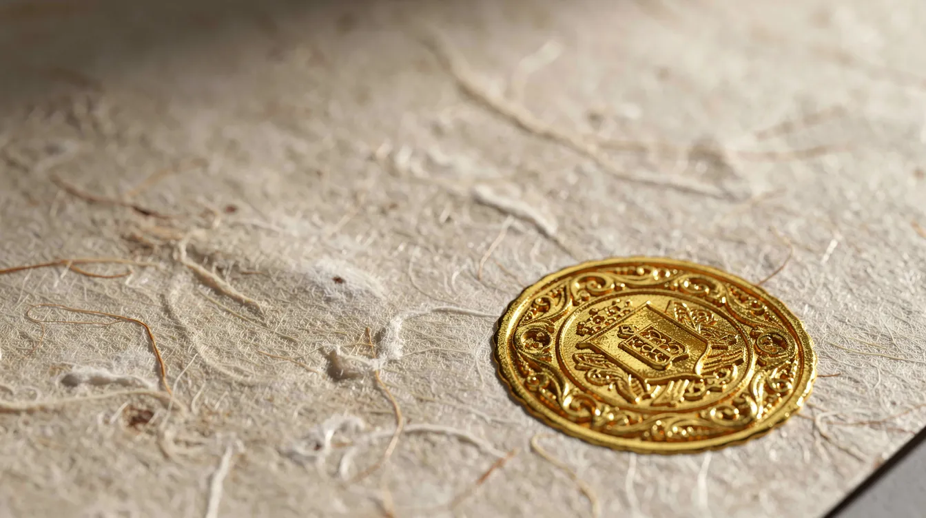 The close-up image features textured parchment paper adorned with an embossed gold seal, suggesting a sense of authenticity often associated with high-quality diplomas and certificates. This elegant detail evokes the prestige of official documents, such as university diplomas or replica diplomas, designed for personal use or novelty.