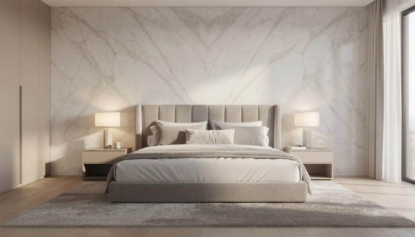 Een elegante slaapkamer met een luxe bed, omringd door lichte marmerlook wandpanelen die een stijlvolle achterwand vormen. De marmerlook geeft de ruimte een luxe uitstraling en creëert een tijdloze sfeer.