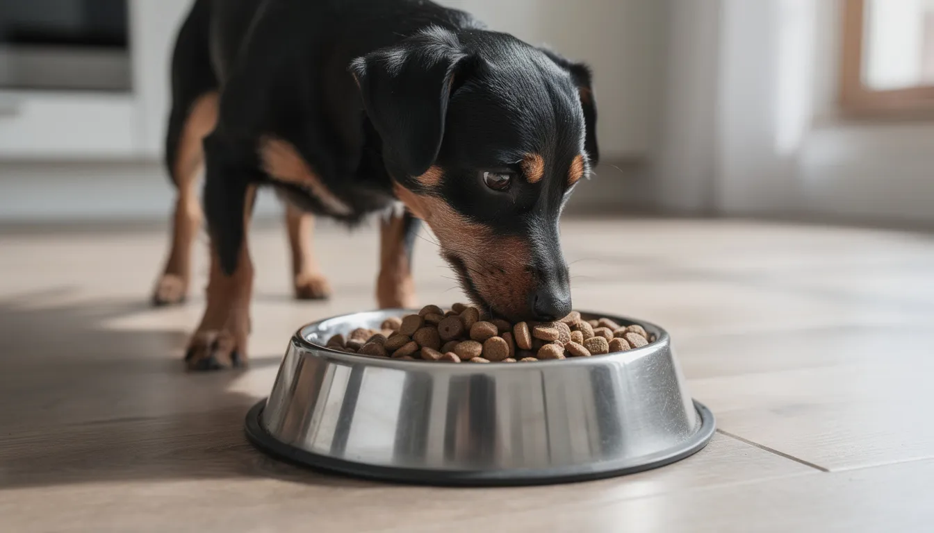 A dark brown Jagdterrier, known for its high energy and hunting instincts, is happily eating high-quality kibble from a dog bowl. This small dog, with its dense coat and dark eyes, exemplifies the characteristics of the German hunting terrier breed.