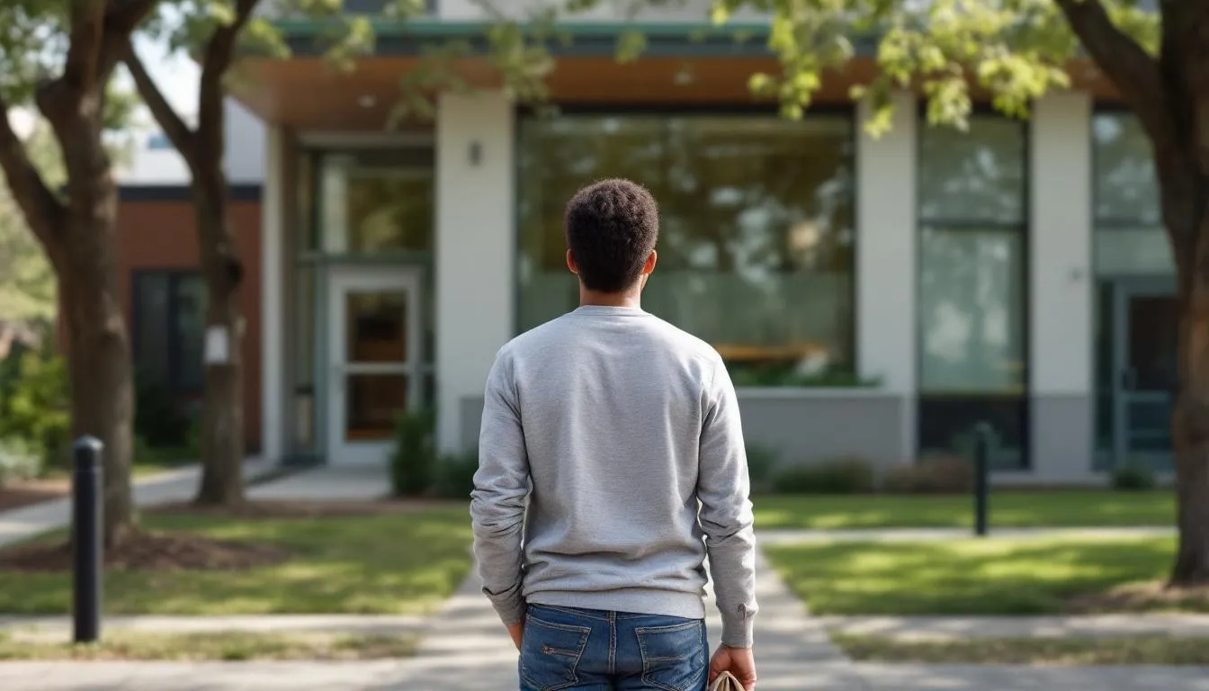 A person stands in front of a community health center building, which offers various mental health services and support for individuals facing mental health concerns. The center is a resource for mental health treatment, providing access to professionals who can help with mental disorders and emotional distress.