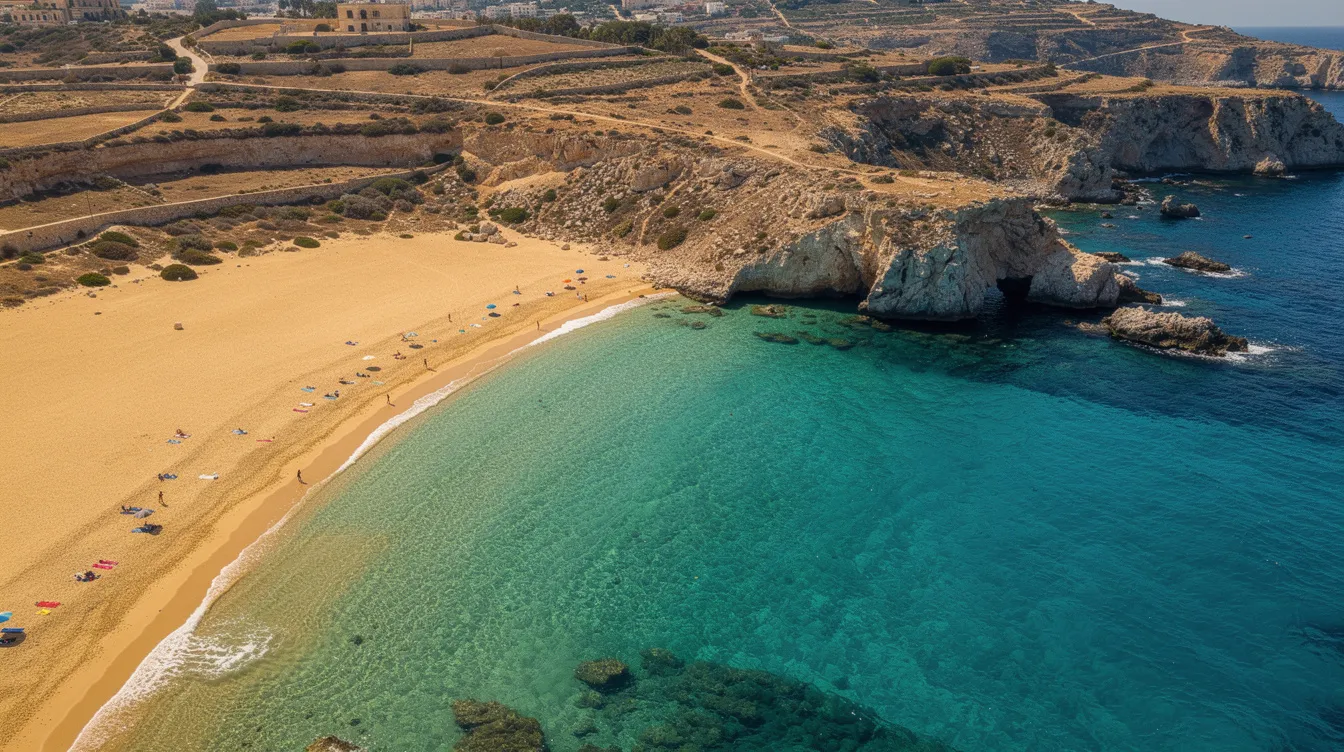 Die Luftaufnahme zeigt einen atemberaubenden goldenen Sandstrand an der maltesischen Küste, umgeben von türkisfarbenem Wasser, das sanft an die Küste plätschert. Diese idyllische Landschaft ist ein beliebtes Ziel für Urlauber, die die Schönheit der Insel Malta erleben möchten.