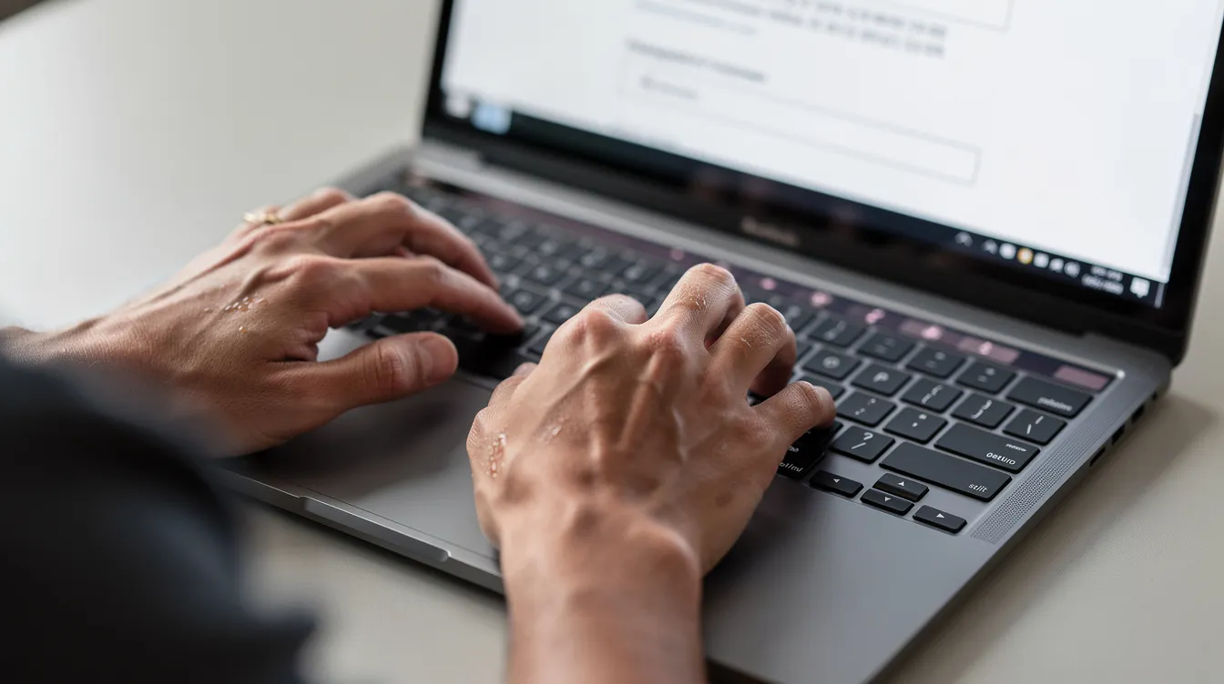 A close-up view of hands typing bank details, including account number and swift code, into a laptop keyboard, indicating the process of sending money through the Union Bank of India for an international money transfer. The image emphasizes the importance of detailed information for a smooth transaction.
