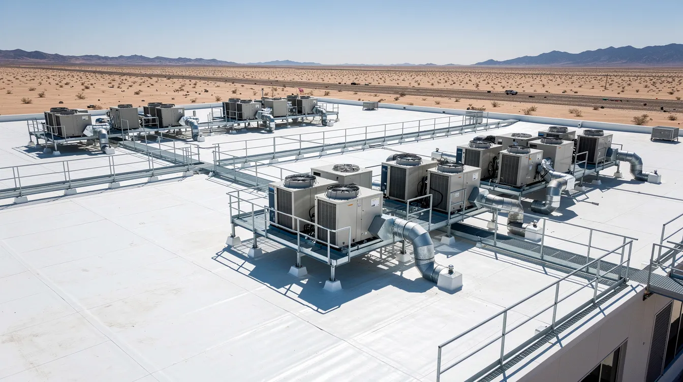 The image depicts a well-maintained flat commercial rooftop featuring a white reflective silicone roof coating that enhances energy efficiency and minimizes heat absorption, with organized HVAC units positioned neatly across the surface. This setup, located in a desert environment, showcases the benefits of silicone roof coating systems in protecting against environmental elements and extending the roof life.