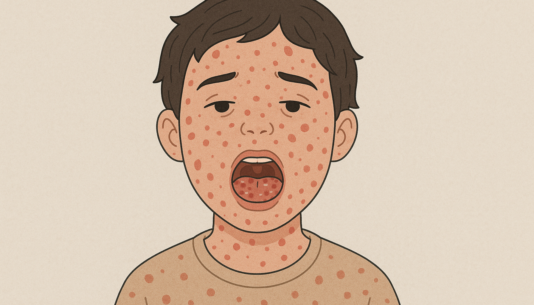 Barn med meslinger viser røde utslett på hud og flekker i munnen.