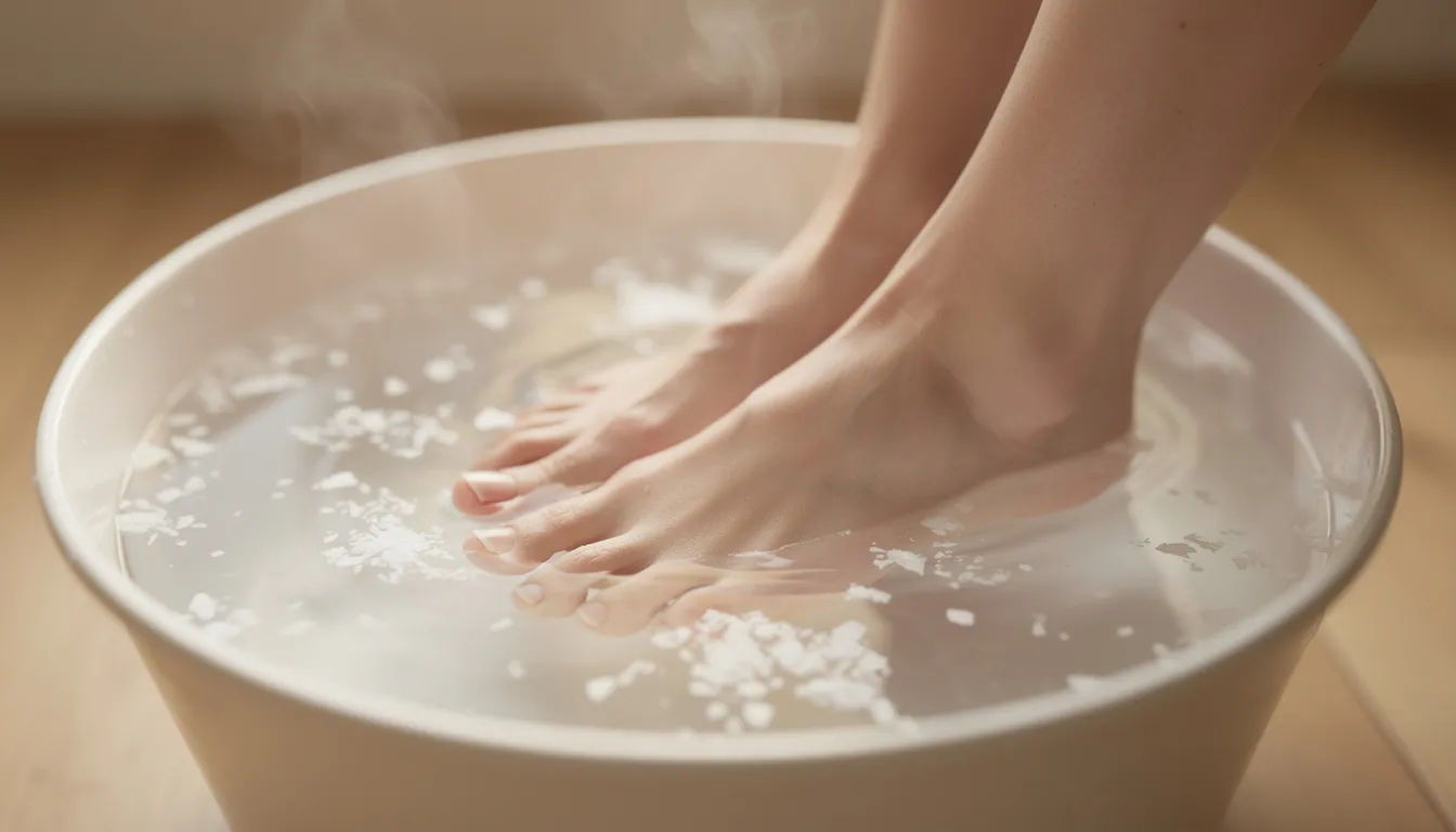 In einem warmen Fußbad mit Magnesiumflocken sind Füße eingetaucht, um die Haut mit wertvollem Magnesiumchlorid zu versorgen. Diese Anwendung kann helfen, Muskeln zu entspannen und die Aufnahme von Magnesium über die Haut zu fördern.