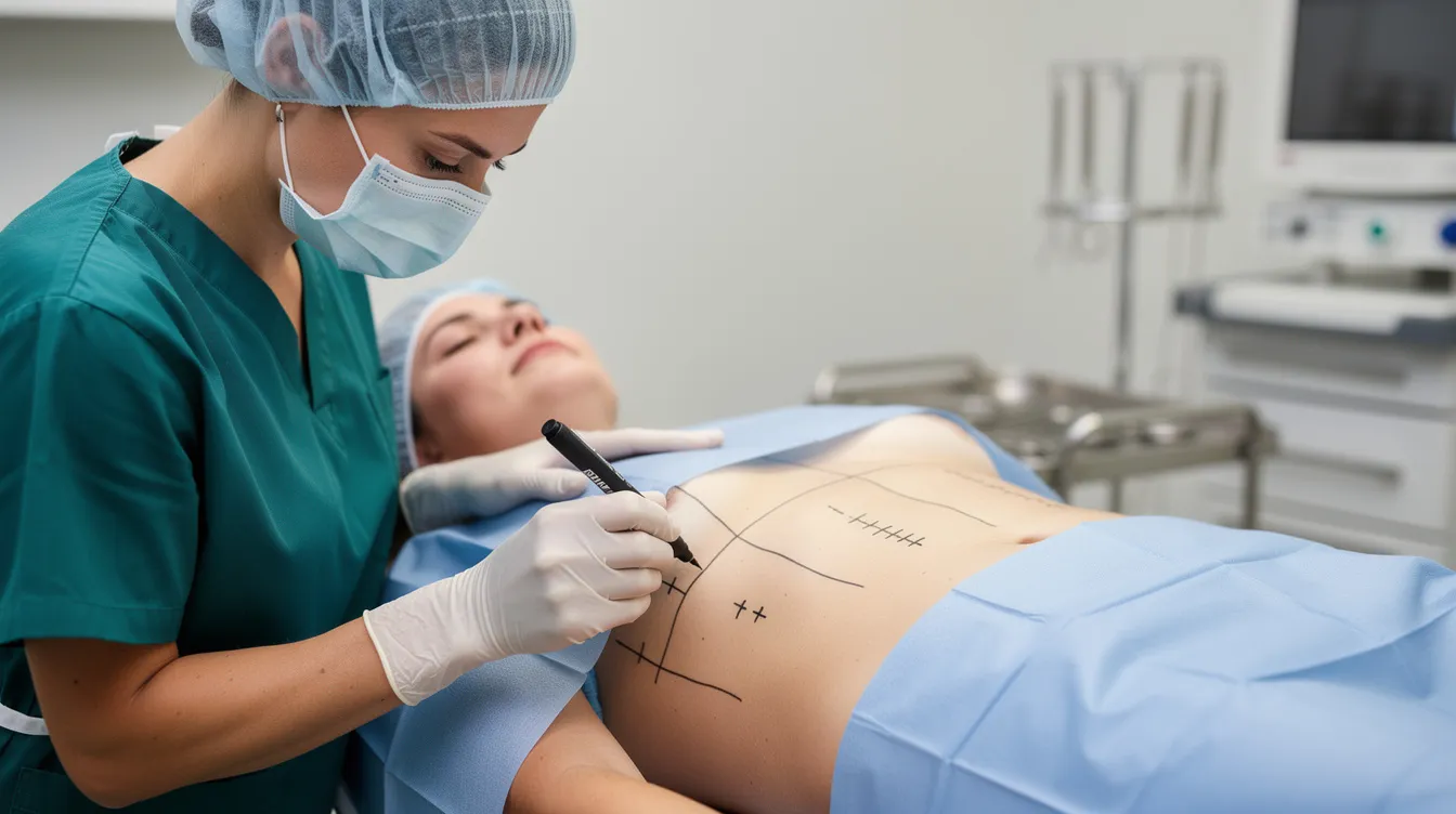 A board certified plastic surgeon is seen using a marking pen on a patient's torso to outline the treatment area before an awake liposuction procedure, ensuring precision for the removal of unwanted fat deposits while the patient remains awake and comfortable. The surgical team prepares for the minimally invasive body contouring surgery aimed at achieving natural looking results.