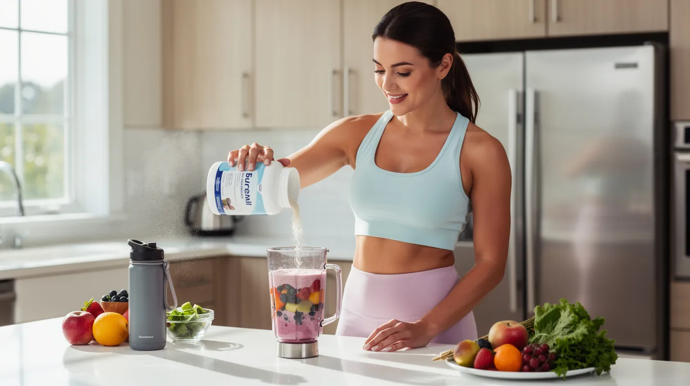 A woman is in a modern kitchen, pouring creatine supplement powder into a vibrant smoothie, highlighting her focus on enhancing exercise performance and maintaining muscle mass. The scene reflects a commitment to women's health and the potential benefits of creatine supplementation for muscle growth and overall well-being.