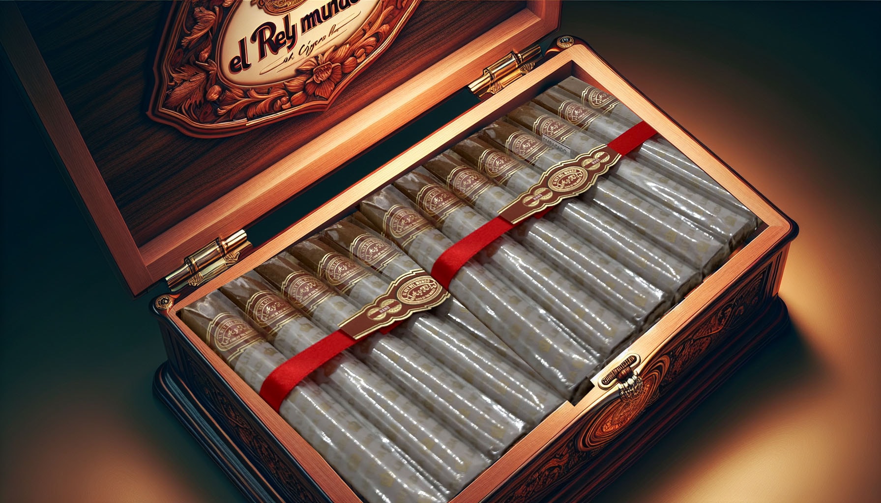 An illustration of authentic El Rey del Mundo cigars in a humidor.