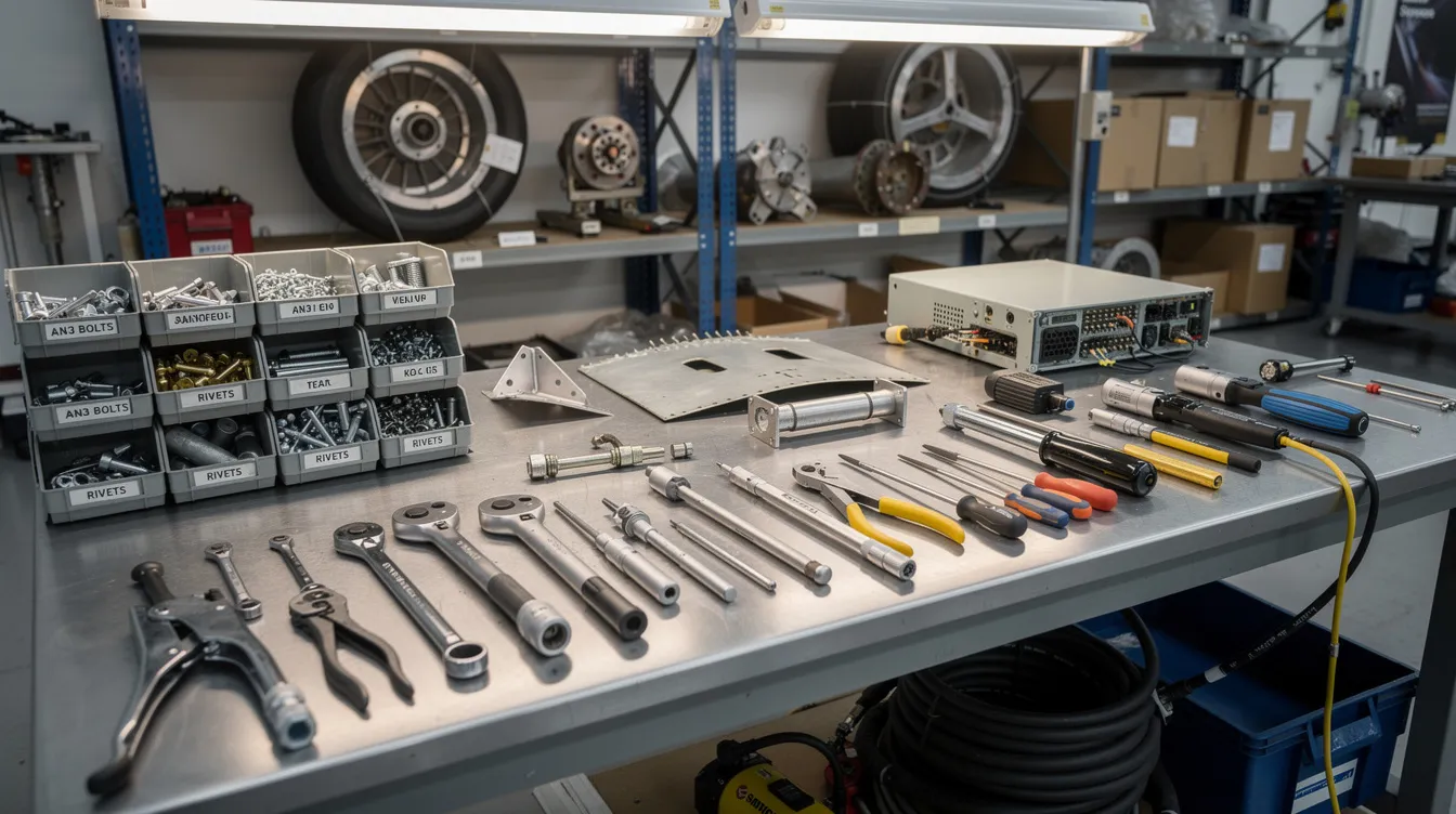 The image depicts an organized maintenance workshop featuring various aircraft components and specialized tools essential for aviation maintenance. This setting reflects a part 147 approved environment, where instructors guide students through practical training to meet FAA compliance and quality standards in aircraft maintenance.