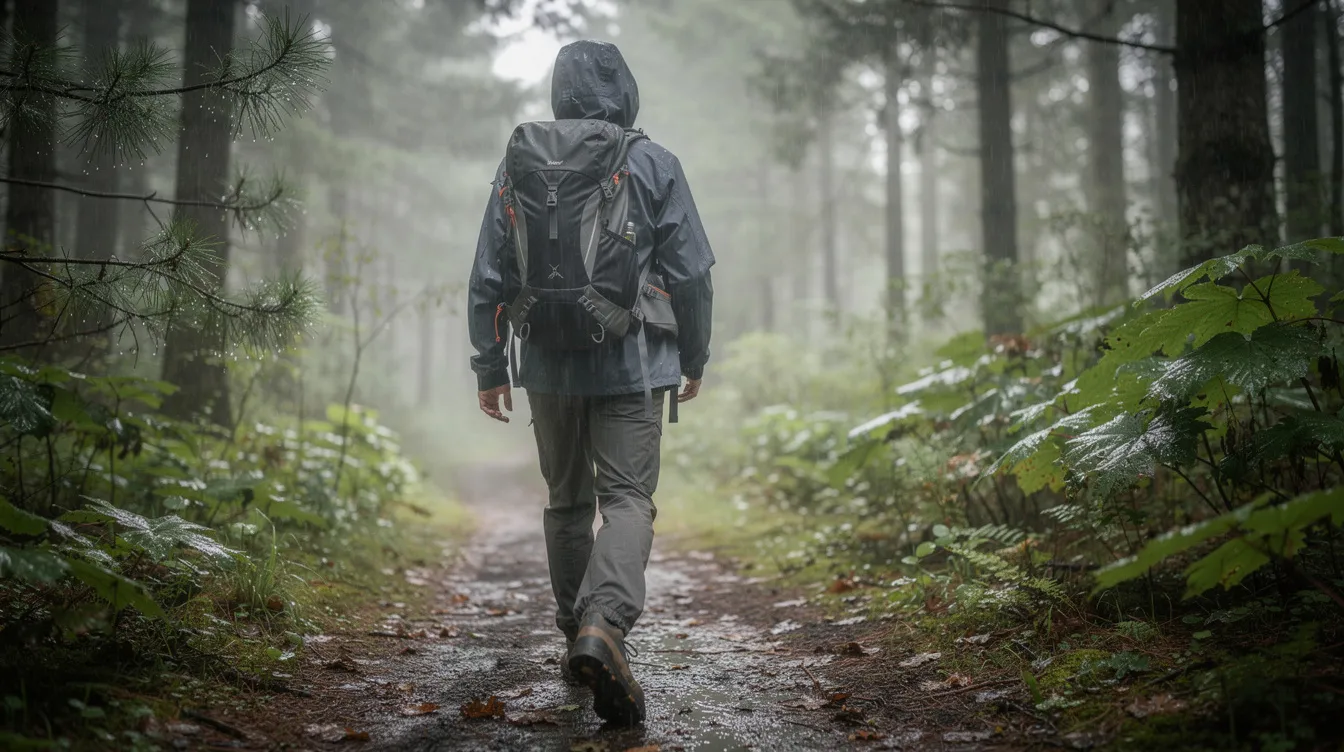 A hiker walks along a forest trail during light rain, carrying a modern waterproof backpack that features padded shoulder straps for comfort. The backpack is designed to keep belongings dry with its waterproof materials and reliable protection against the elements.