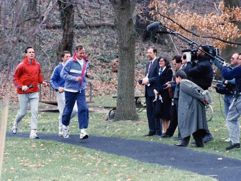 President George H.W. Bush jogs at the vice president's residence in 1992