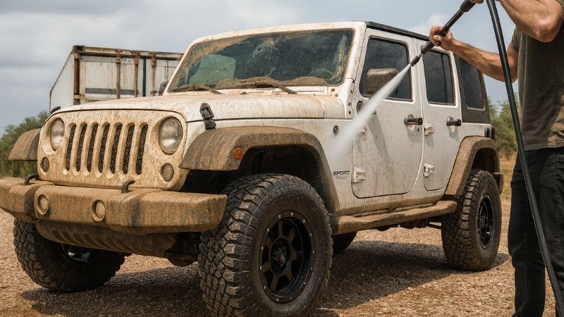 A professional cleaning the Jeep for preparing it for wrapping