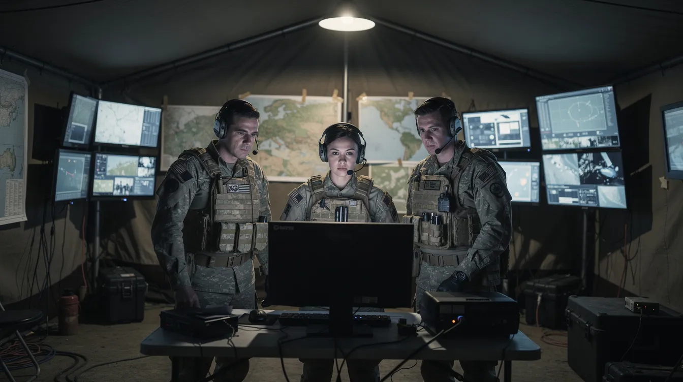 Drei Personen, eine Frau und zwei Männer in Militärkleidung, stehen in einem spärlich beleuchteten Zelt, das mit Bildschirmen und Karten gefüllt ist. Sie sind konzentriert auf einen Monitor gerichtet, während sie möglicherweise wichtige Informationen über die Ankunft außerirdischer Wesen analysieren.