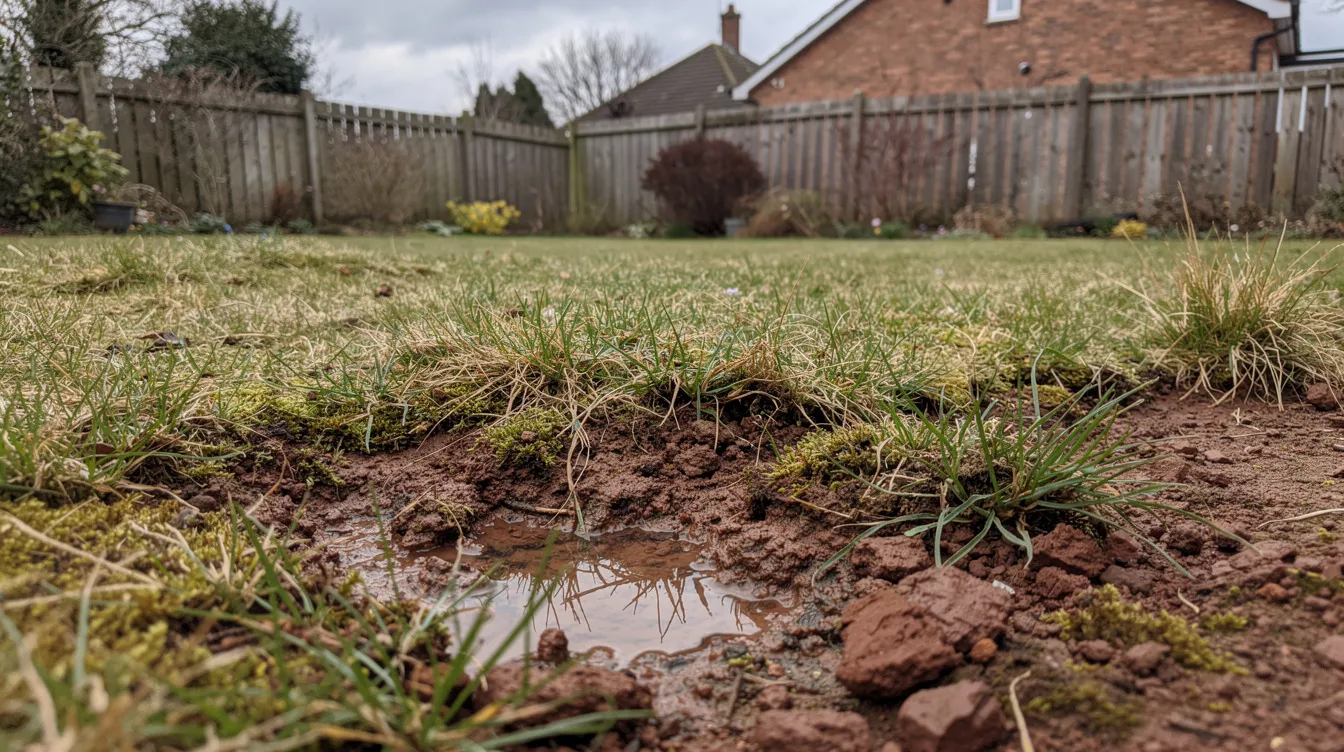 The image depicts a clay soil lawn in the UK, characterized by its heavy clay texture, compacted areas, and patches of wet soil. The lawn shows signs of poor drainage with standing water and moss invasion, highlighting the challenges of maintaining a healthy lawn in such conditions.