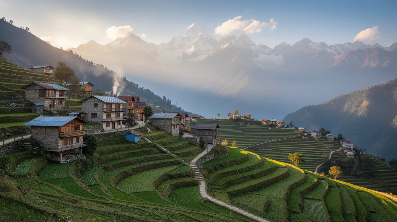 443efeaf 215e 432c ac02 a29681b0f540 The image depicts a picturesque mountain village in Uttarakhand, characterized by lush terraced fields and majestic snow-capped peaks in the background. This serene setting highlights the potential for business opportunities in tourism and agriculture, making it an attractive destination for aspiring entrepreneurs.
