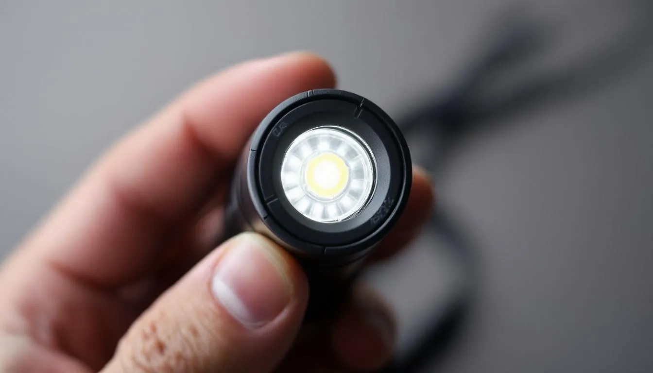 A compact LED flashlight is displayed, showcasing its sleek design and powerful beam, ideal for everyday carry. It features a user-friendly interface with multiple brightness settings and a strobe mode, making it a reliable flashlight for emergency situations and long trips.