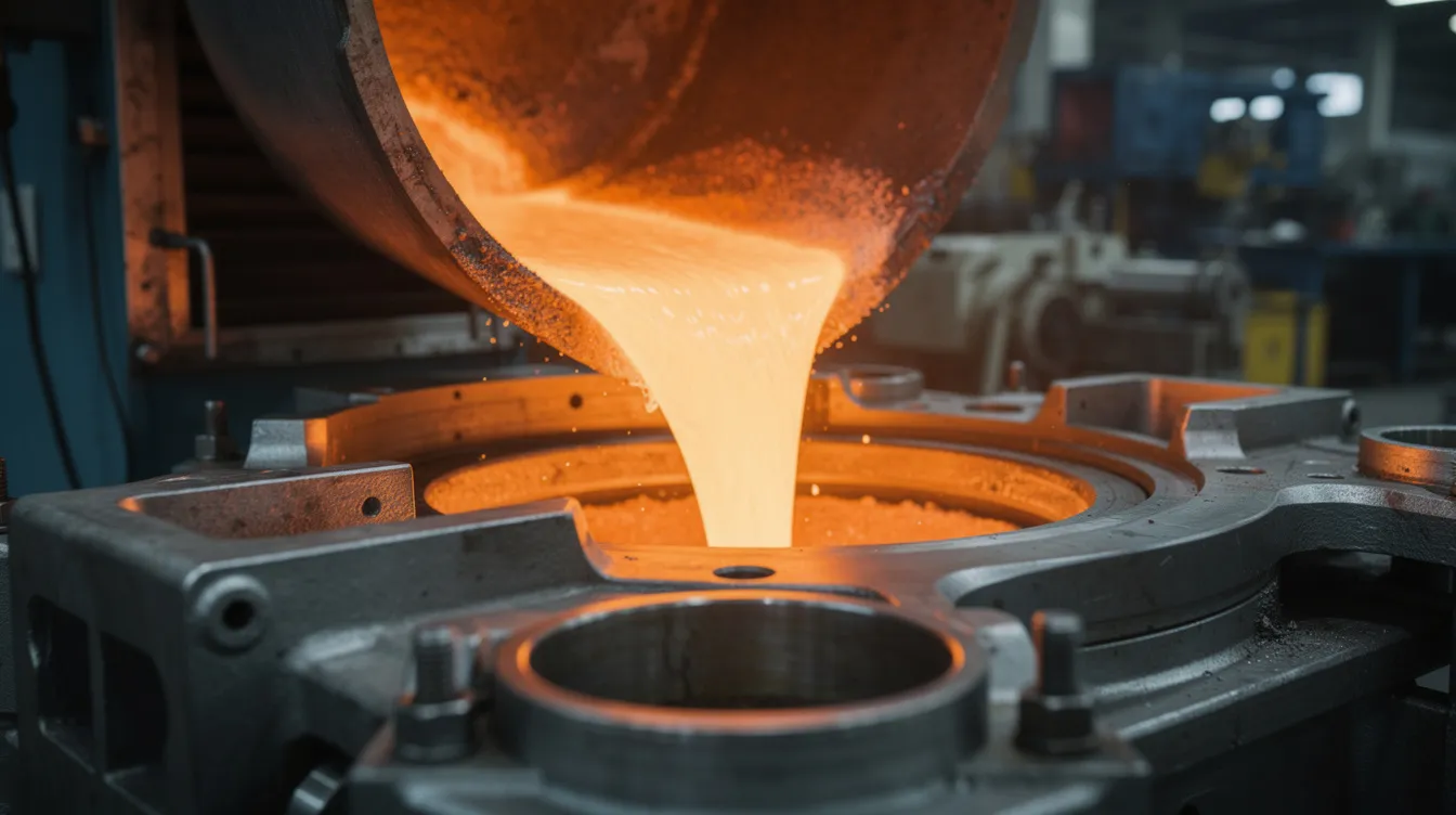 A close-up image shows molten aluminum being poured into a cold chamber die casting machine, highlighting the intricate die casting process used in the aluminum die casting industry. The scene captures the precision and advanced technology involved in creating high-quality die casting parts.
