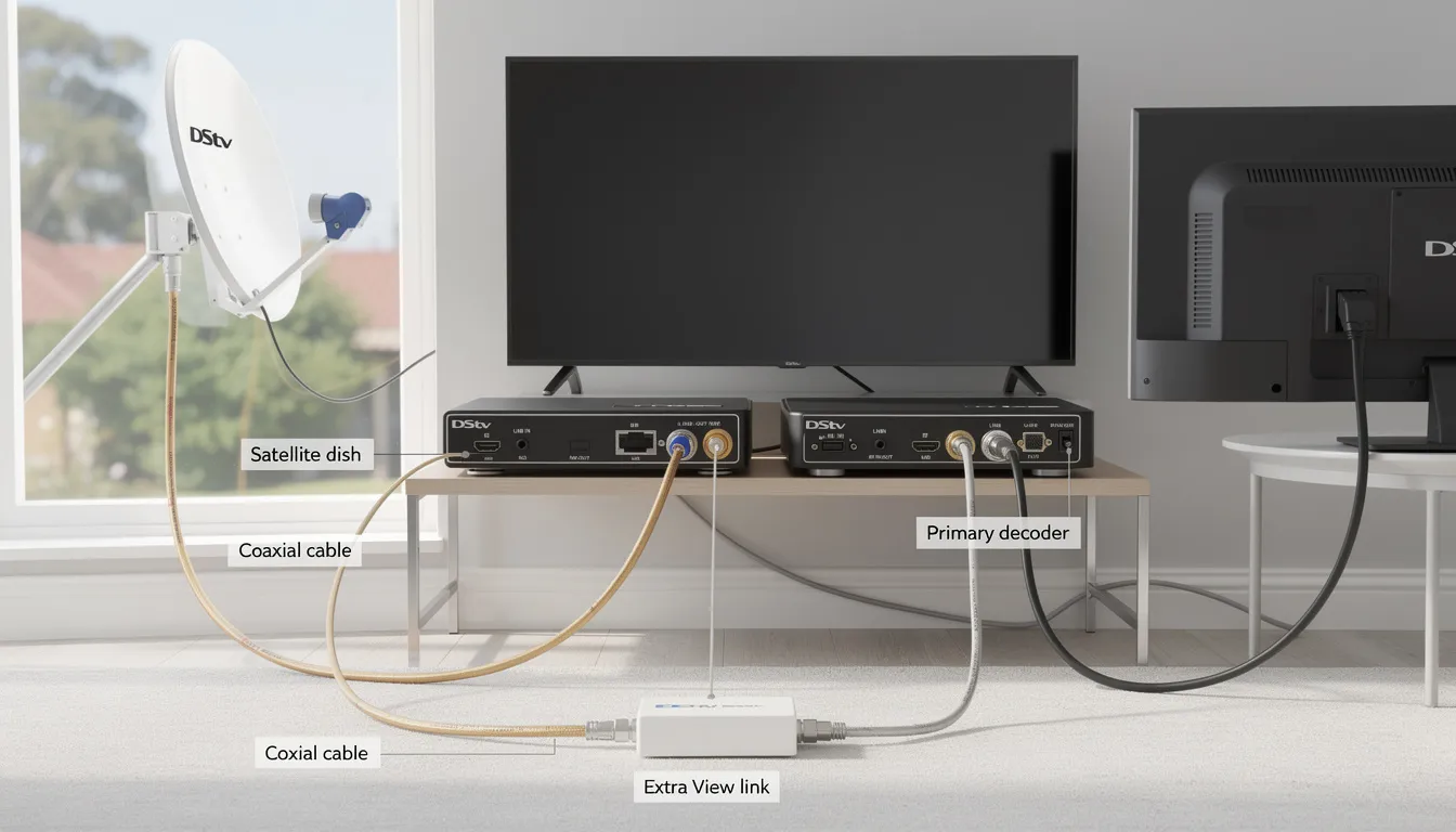 The image shows a DStv extra view setup, featuring a satellite dish connected to a DStv decoder and a smart LNB, allowing for multiple TVs to access different channels with a single subscription. The installation includes cables and splitters, demonstrating how to configure the system for optimal signal quality and viewing experience across various rooms.