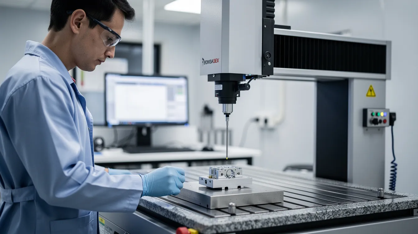 A quality control technician is carefully inspecting a tiny machined metal part using a coordinate measuring machine, ensuring it meets tight tolerances and offers precision for specific applications in various industries. The technician utilizes advanced tools to evaluate the intricate components, highlighting the importance of consistent quality in the machining process.