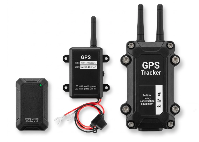 Three types of construction equipment GPS trackers wired, battery-powered, shown side by side