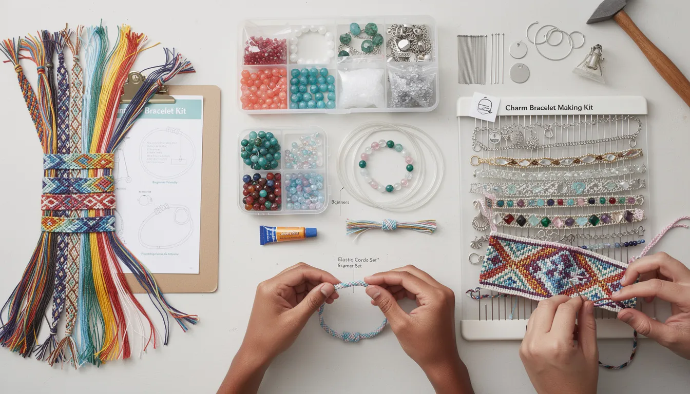 The image showcases a variety of bracelet making kits, including colorful friendship bracelet kits designed for kids and beginners, as well as more intricate bead weaving kits for experienced jewellery makers. Each kit features an assortment of beads, threads, and charms, providing everything needed to create beautiful handmade jewellery pieces.