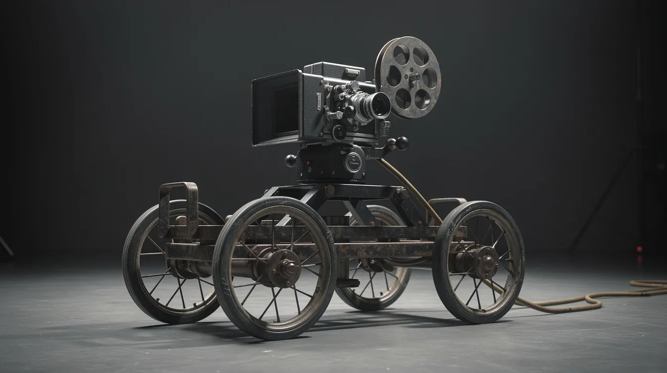 Das Bild zeigt eine Vintage-Filmkamera auf einem Dolly, die typisch für die 1940er- und 1950er-Jahre ist und für lange Einstellungen verwendet wurde. Im Hintergrund sind Anzeichen einer Kaffeerösterei zu erkennen, die die Atmosphäre von Hamburg Altona widerspiegelt.