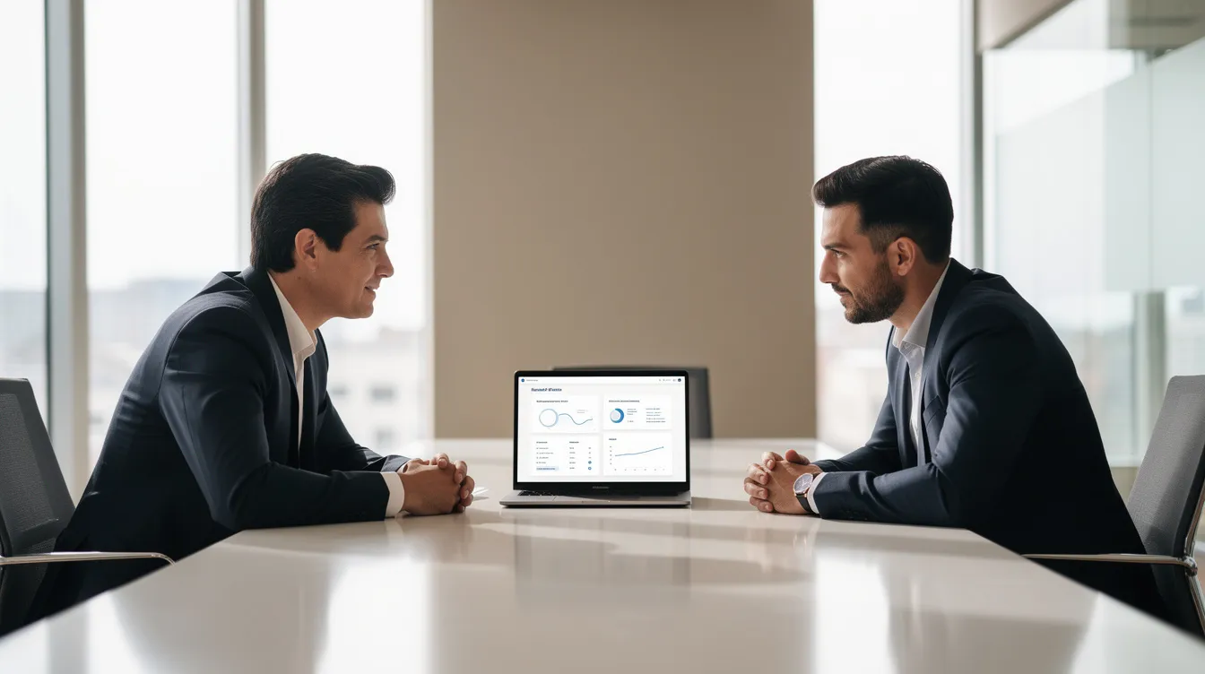The image depicts two individuals in professional attire engaged in a meeting across a table, likely discussing the legal process related to civil lawsuits, including aspects such as trial preparation or the roles of legal counsel in a court system. Their focused expressions suggest a serious discussion about the litigation process and the potential outcomes of a civil case.