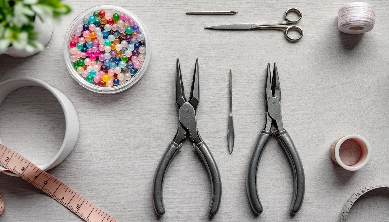 The image showcases a variety of essential tools and supplies for bead jewellery making, including crystal beads, seed beads, and large holed beads, all arranged neatly on a workspace. Various tools such as wire, jump rings, and glue are also visible, highlighting the wide range of materials available for creating beautiful jewelry pieces like necklaces, bracelets, and earrings.