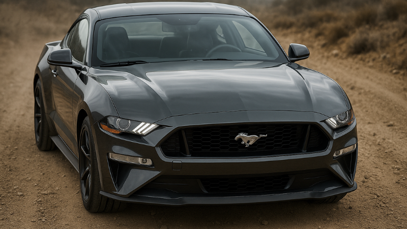 Black Mustang's windshield wraped with protection film