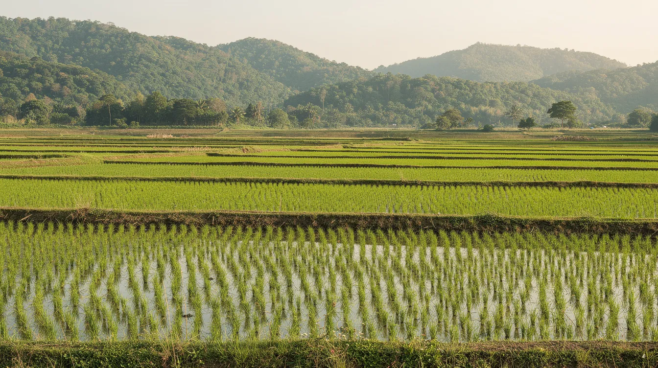 444c6b32 1bc0 4c6a ad25 521bdfcb428f The image depicts lush green rice paddies that stretch across flat farmland, with distant forested hills creating a serene backdrop. This landscape is emblematic of Chhattisgarh's agricultural potential, highlighting the region's abundant natural resources and opportunities for aspiring entrepreneurs in sectors like organic farming and food processing.