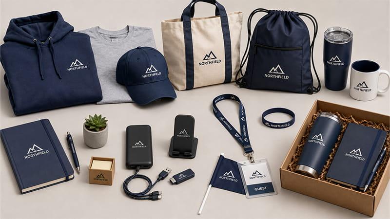 Types of promotional products considered swag including apparel, bags, drinkware, tech items, event products, and gift sets