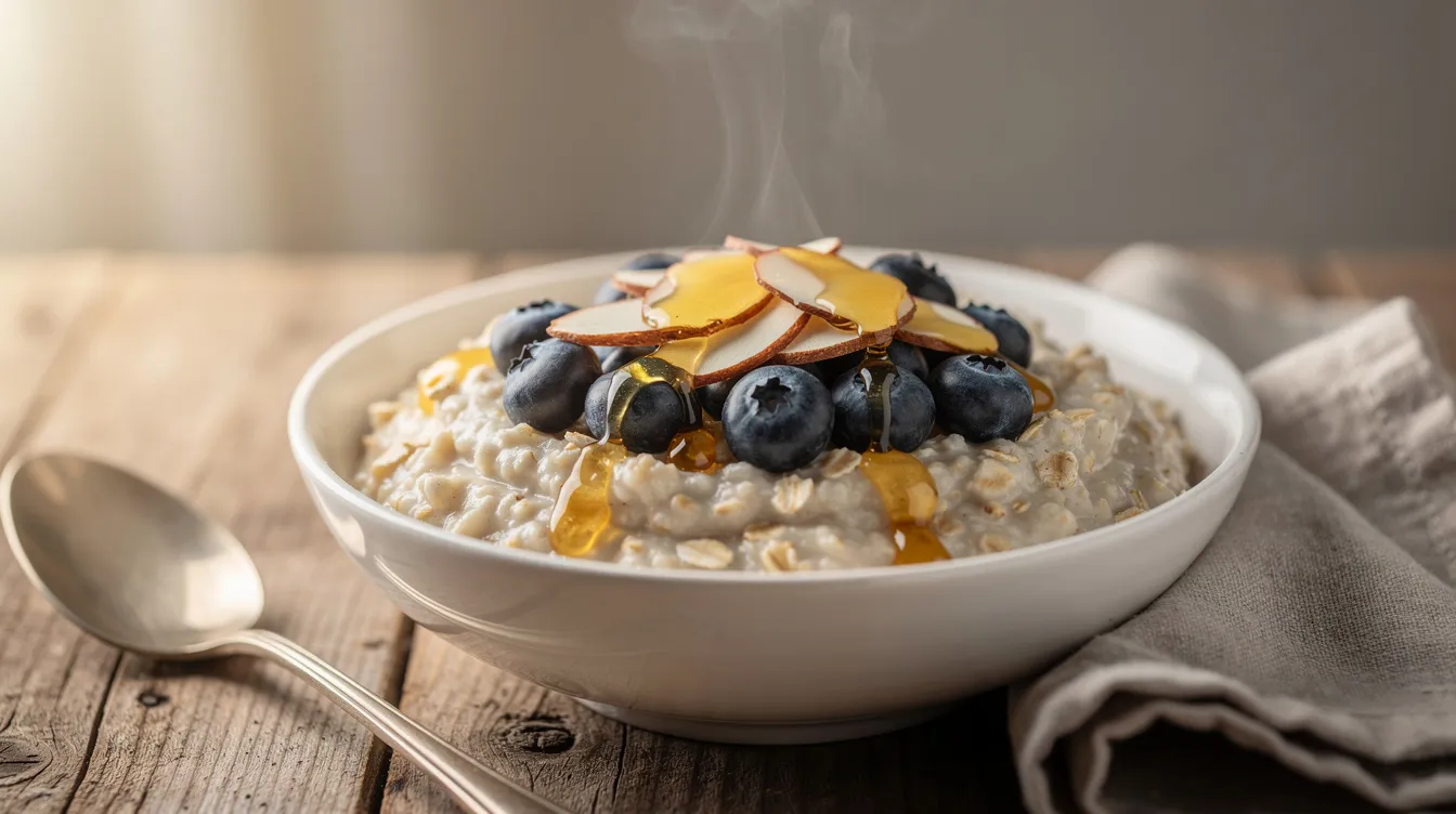 A warm bowl of oatmeal is topped with sliced almonds, fresh blueberries, and a drizzle of honey, making it a heart-healthy breakfast option that supports healthy cholesterol naturally. This nutritious meal is rich in soluble fiber, which can help lower LDL cholesterol levels and improve overall heart health.