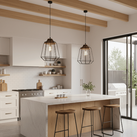 Vintage cage pendant lights with exposed Edison bulbs hanging above a kitchen island, rustic vintage lighting idea.
