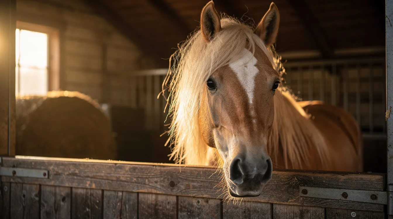 A golden Haflinger horse peers expectantly over its stall door, bathed in warm morning light, embodying the spirit of a dressage horse ready for training or competition. The scene captures the essence of equestrian life, highlighting the horse's beauty and anticipation for the day's activities.