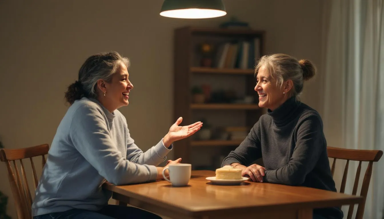 The image depicts two people engaged in a calm and supportive conversation at a table, surrounded by warm lighting, creating a cozy atmosphere. This scene reflects a moment of connection, where they are likely discussing feelings of loneliness and emotional distress, emphasizing the importance of finding support during difficult moments.
