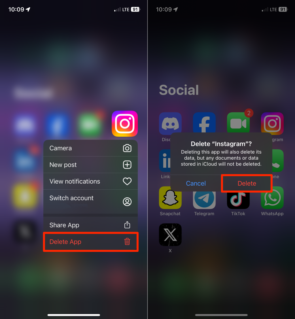 Steps to uninstall Instagram on an iPhone