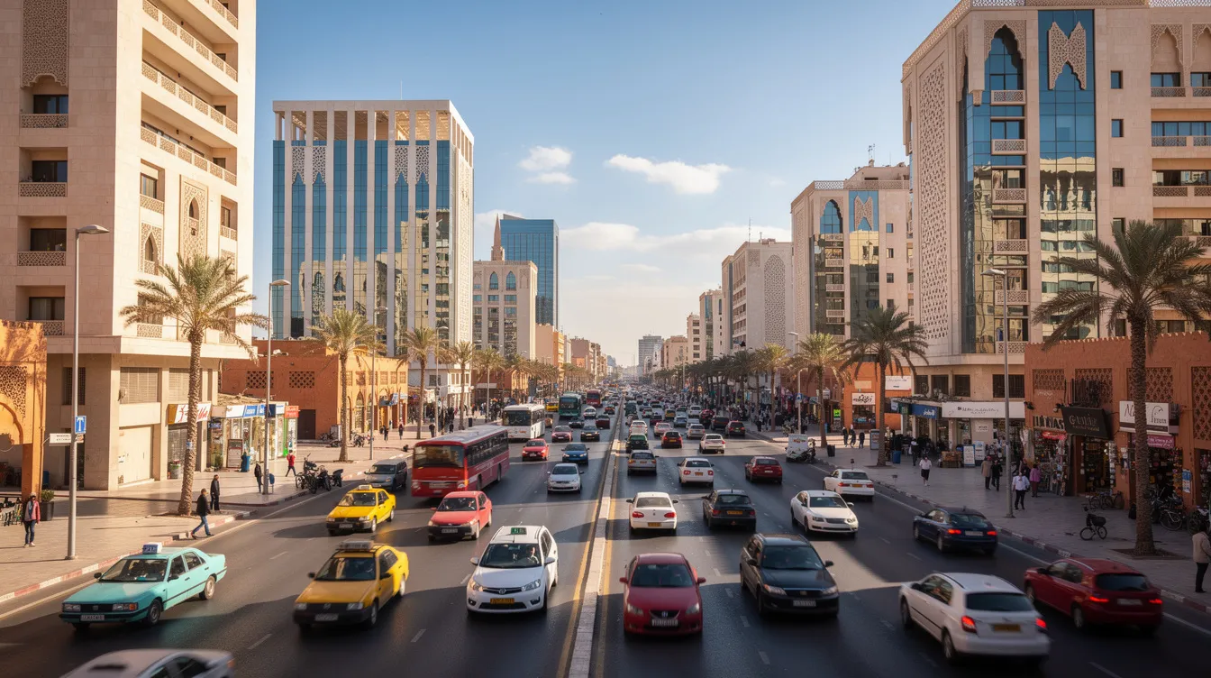 The image depicts a bustling Moroccan cityscape featuring modern buildings alongside a busy road filled with various cars. This vibrant scene illustrates the dynamic environment where vehicle rental businesses thrive, showcasing the need for efficient car rental software to manage reservations and streamline operations.